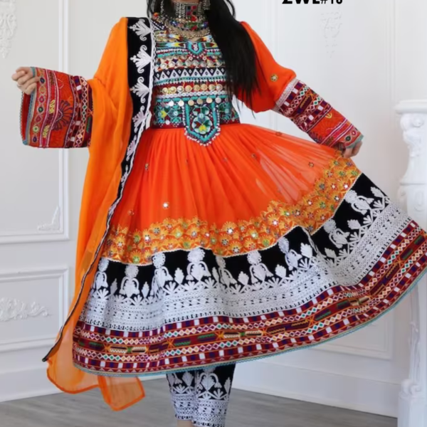 orange Traditional Handmade Afghan Women kuchi dress