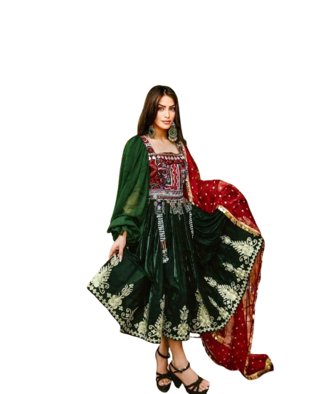 Afghani handmade green velvet dress by Zeenat Wears, showcasing intricate embroidery and traditional Afghan design, ideal for cultural celebrations and special occasions