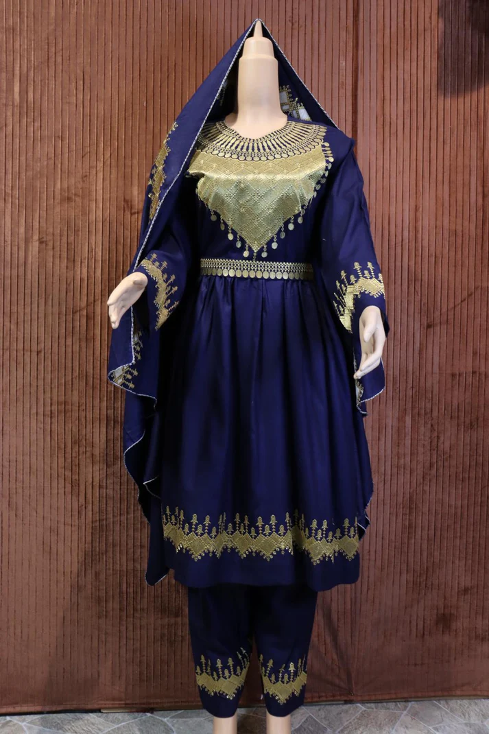 Hazaragi dress by Zeenat Wears, traditional Afghan attire with intricate patterns, perfect for cultural events, weddings, and special occasions. High-quality fabric for comfort and style.