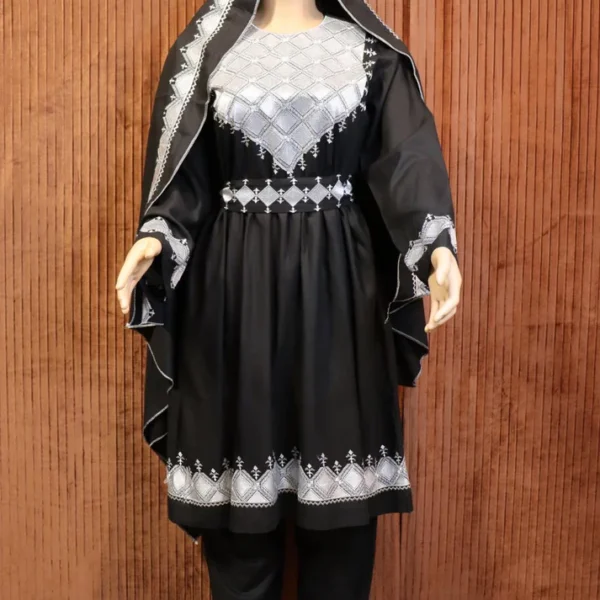 Black Hazaragi dress by Zeenat Wears, featuring traditional Afghan design and intricate details, perfect for cultural events and special occasions.