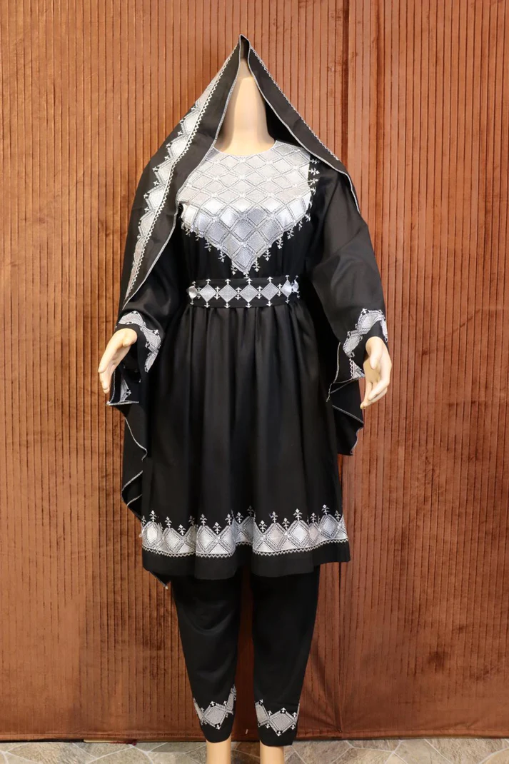 Black Hazaragi dress by Zeenat Wears, featuring traditional Afghan design and intricate details, perfect for cultural events and special occasions.