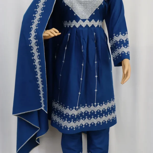 Blue Hazaragi dress by Zeenat Wears, featuring traditional Afghan design and patterns, perfect for cultural events and special occasions.