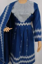 Blue Hazaragi dress by Zeenat Wears, featuring traditional Afghan design and patterns, perfect for cultural events and special occasions.