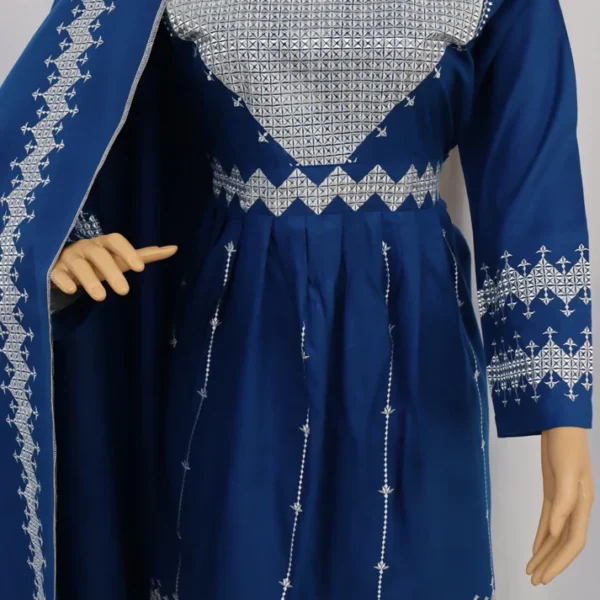 Blue Hazaragi dress by Zeenat Wears, featuring traditional Afghan design and patterns, perfect for cultural events and special occasions.