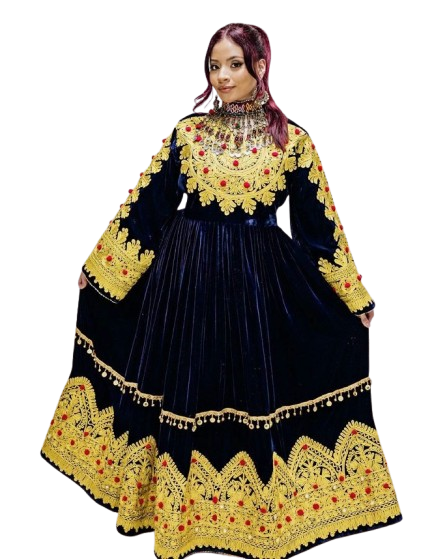 Afghani black long Dhaman dress by Zeenat Wears, featuring traditional Afghan design and crafted for elegance, perfect for cultural events and special occasions